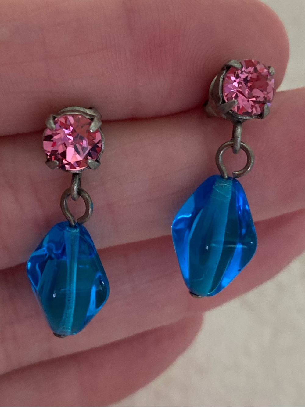 Sabika Pink Crystal Studs with Blue Crystal Drops Earrings